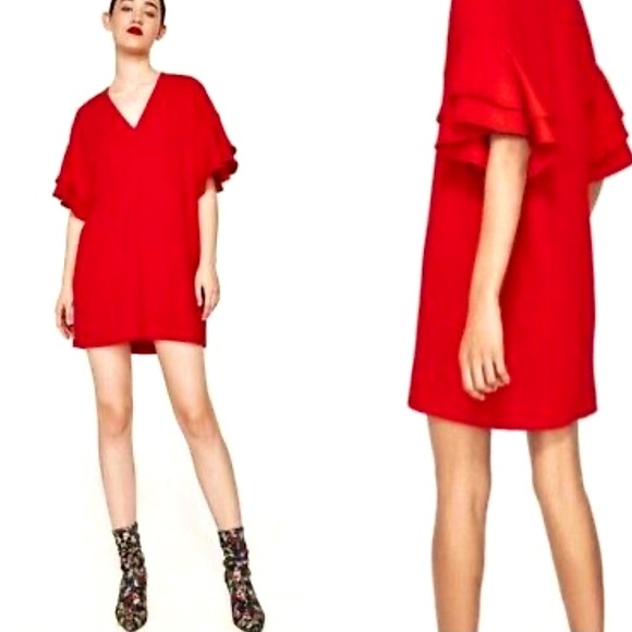 ❤️ Zara Red Mini V Neck Shift Dress Medium Short Ruffle Sleeves - Picture 4 of 7